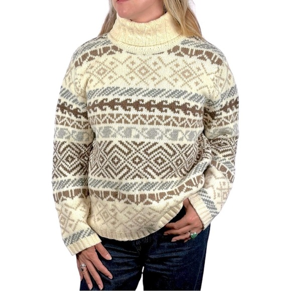PURE & SIMPLE NORDIC FAIR ISLE CHUNKY KNIT LAMBSWOOL CREAM TURTLENECK SWEATER - Picture 1 of 14